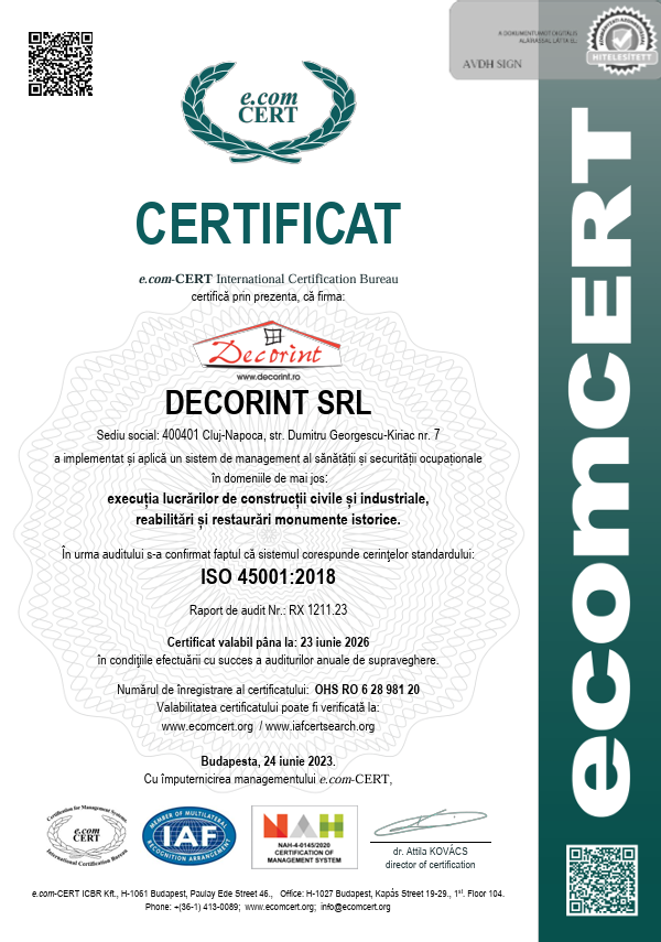 Certificat ISO 45001:2018 — Decorint